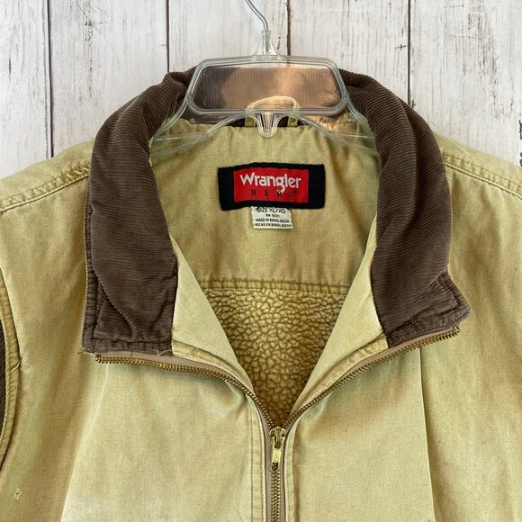 VTG Wrangler Hero Canvas Sherpa Lined Vest Full Zip Pockets Khaki Men's Size XL - Picture 4 of 10